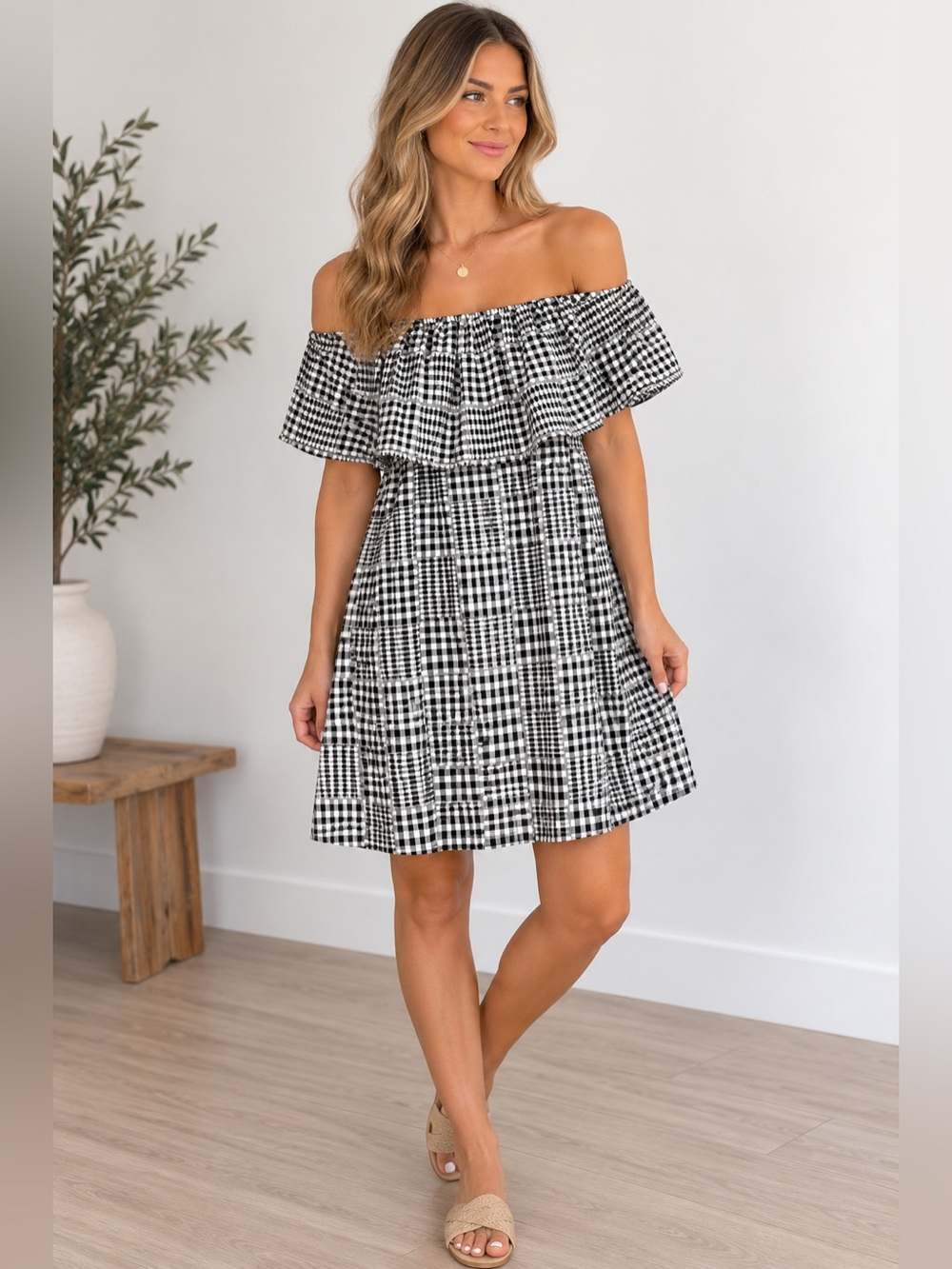 Cooperative Gingham Black and White Off the Shoulder Mini Dress